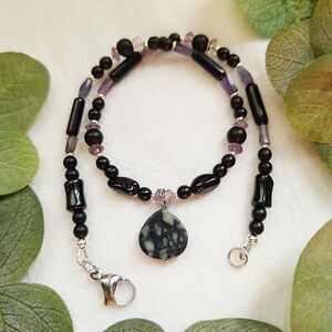 Whimsigoth Gemstone Pendant Necklace – Adjustable Black Serpentine Stone Choker